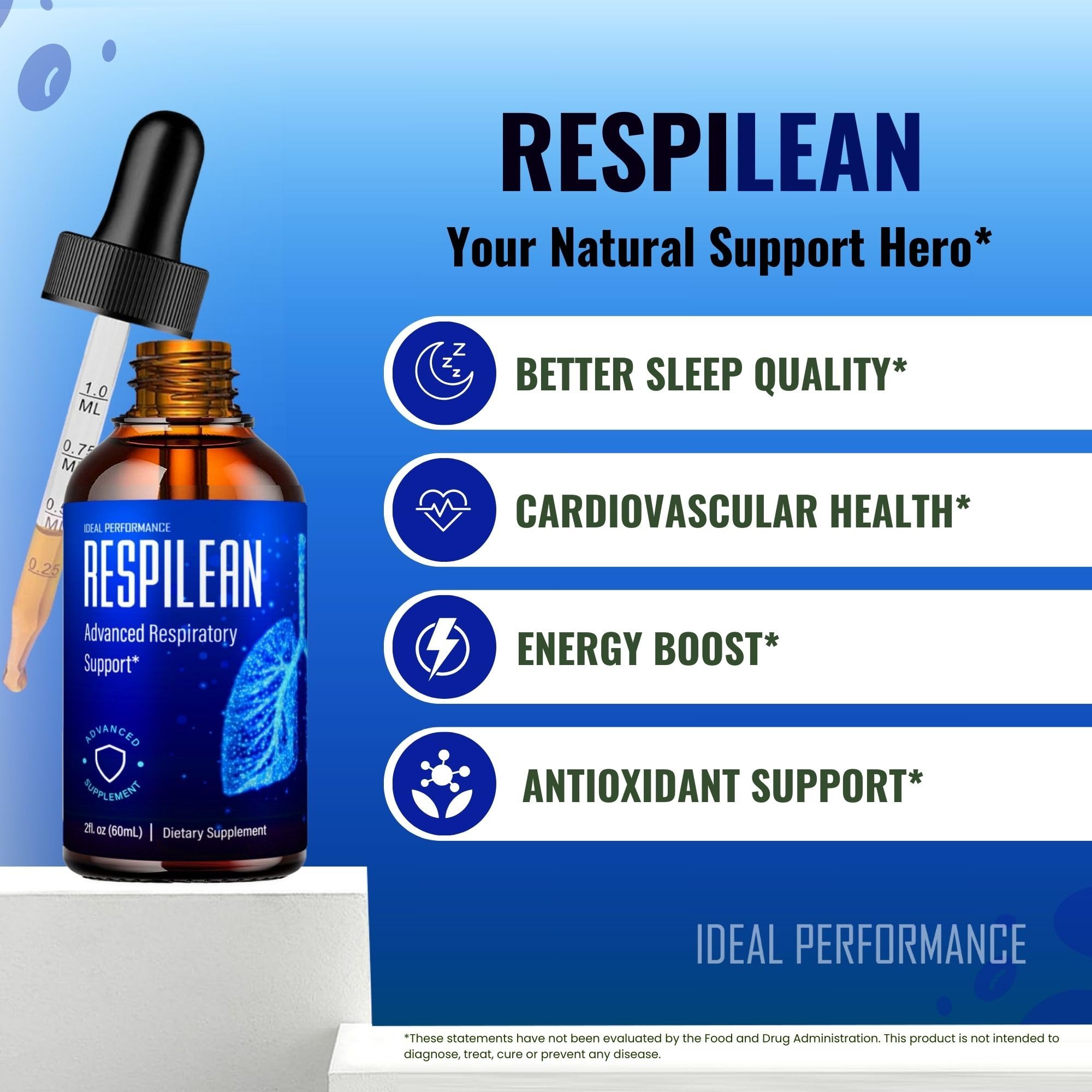 IDEAL PERFORMANCE Respilean drops label detail showcasing natural ingredients and quality commitment.