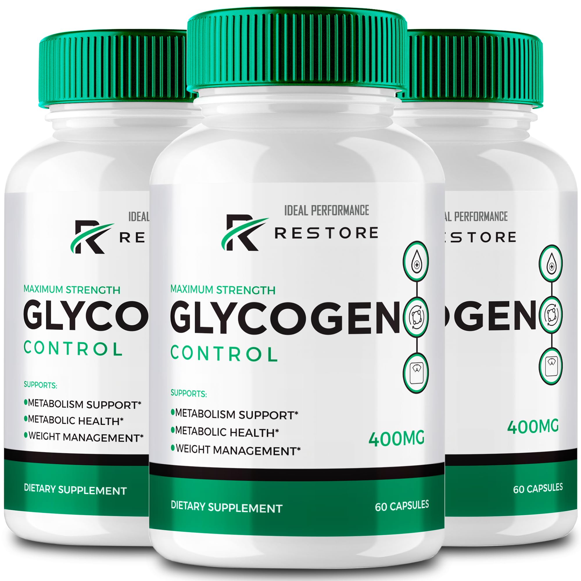 IDEAL PERFORMANCE RestoreGlycogen bottle front view highlights daily energy support.