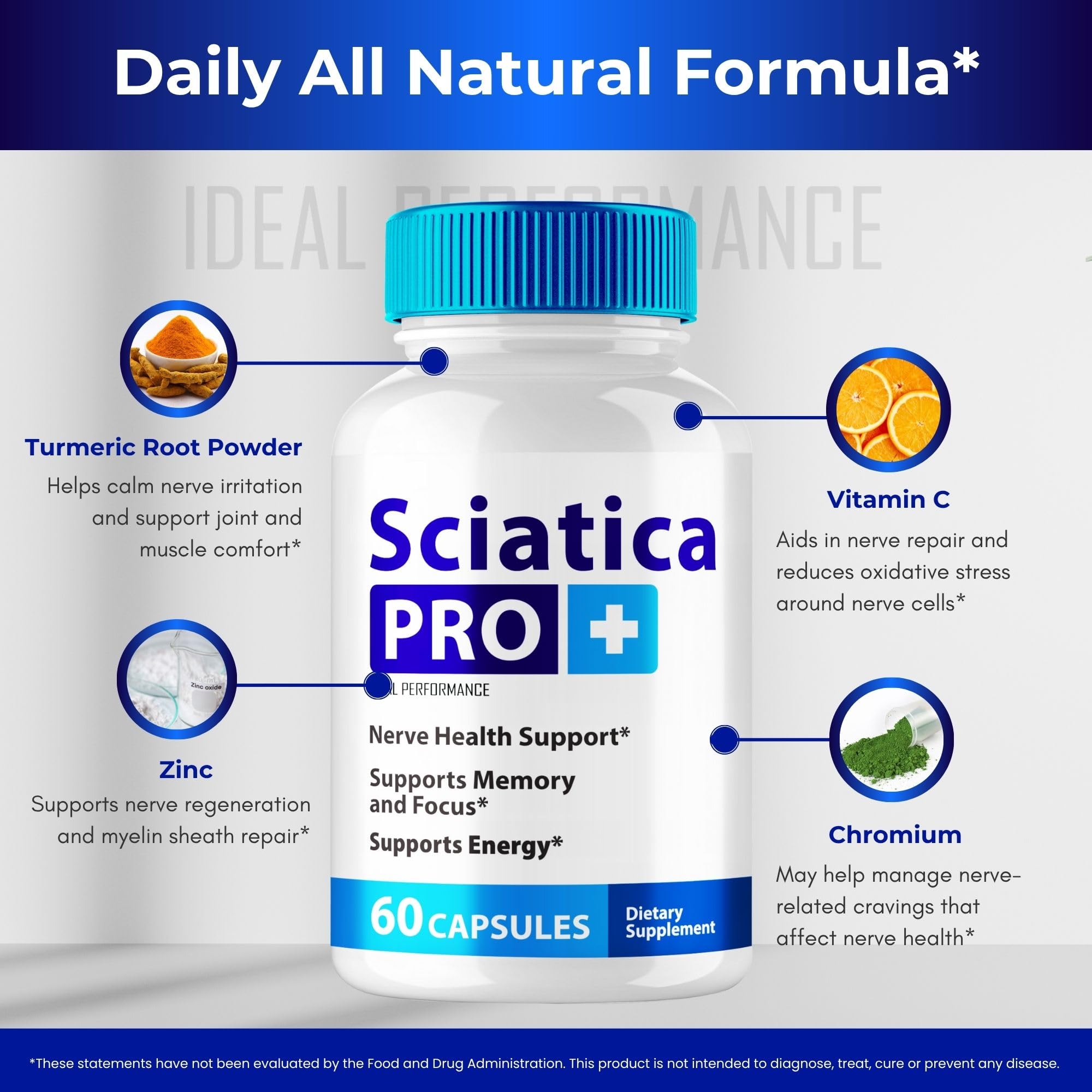 IDEAL PERFORMANCE Sciatica Pro Plus label detail highlights trusted nerve support formula.