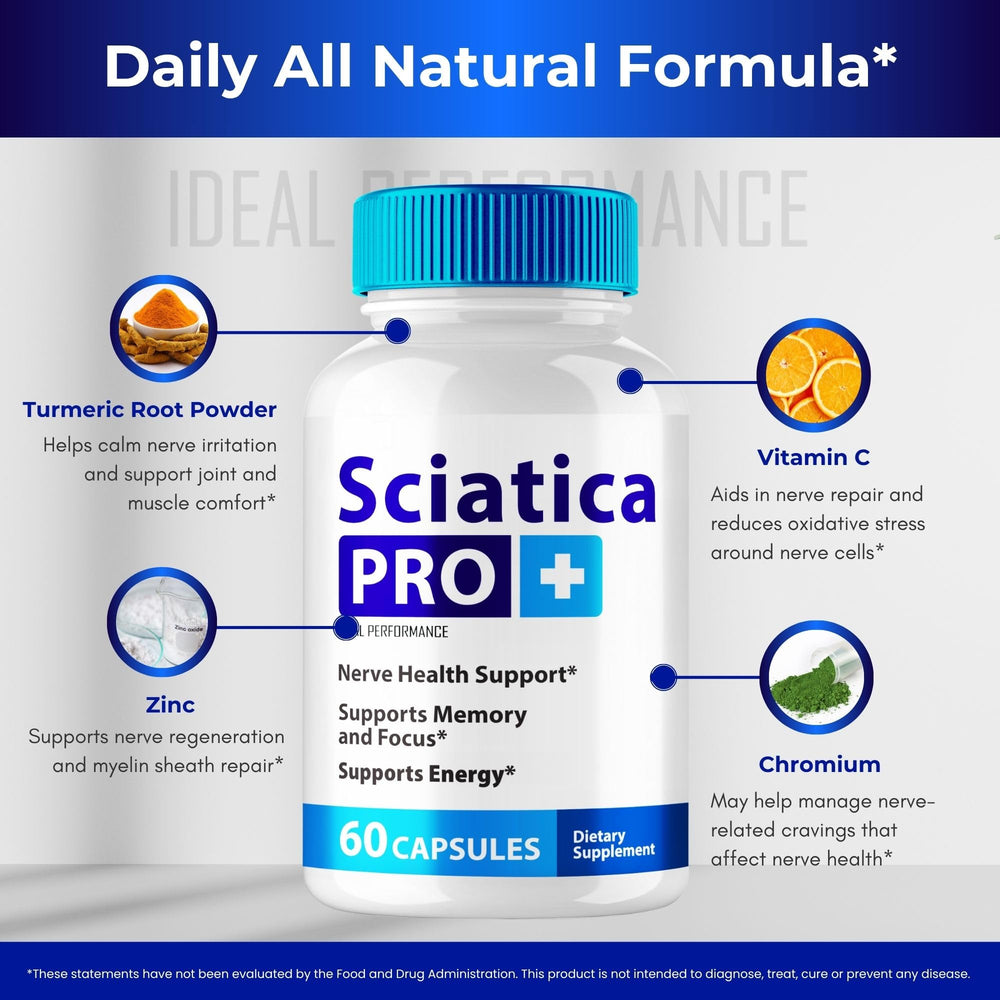 IDEAL PERFORMANCE Sciatica Pro Plus label detail highlights trusted nerve support formula.