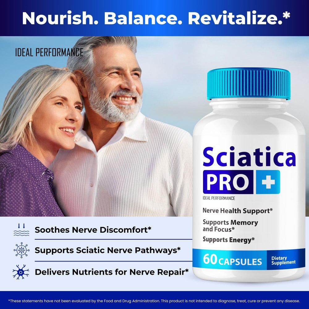 IDEAL PERFORMANCE Sciatica Pro Plus pills stacked on wood for easy daily intake.