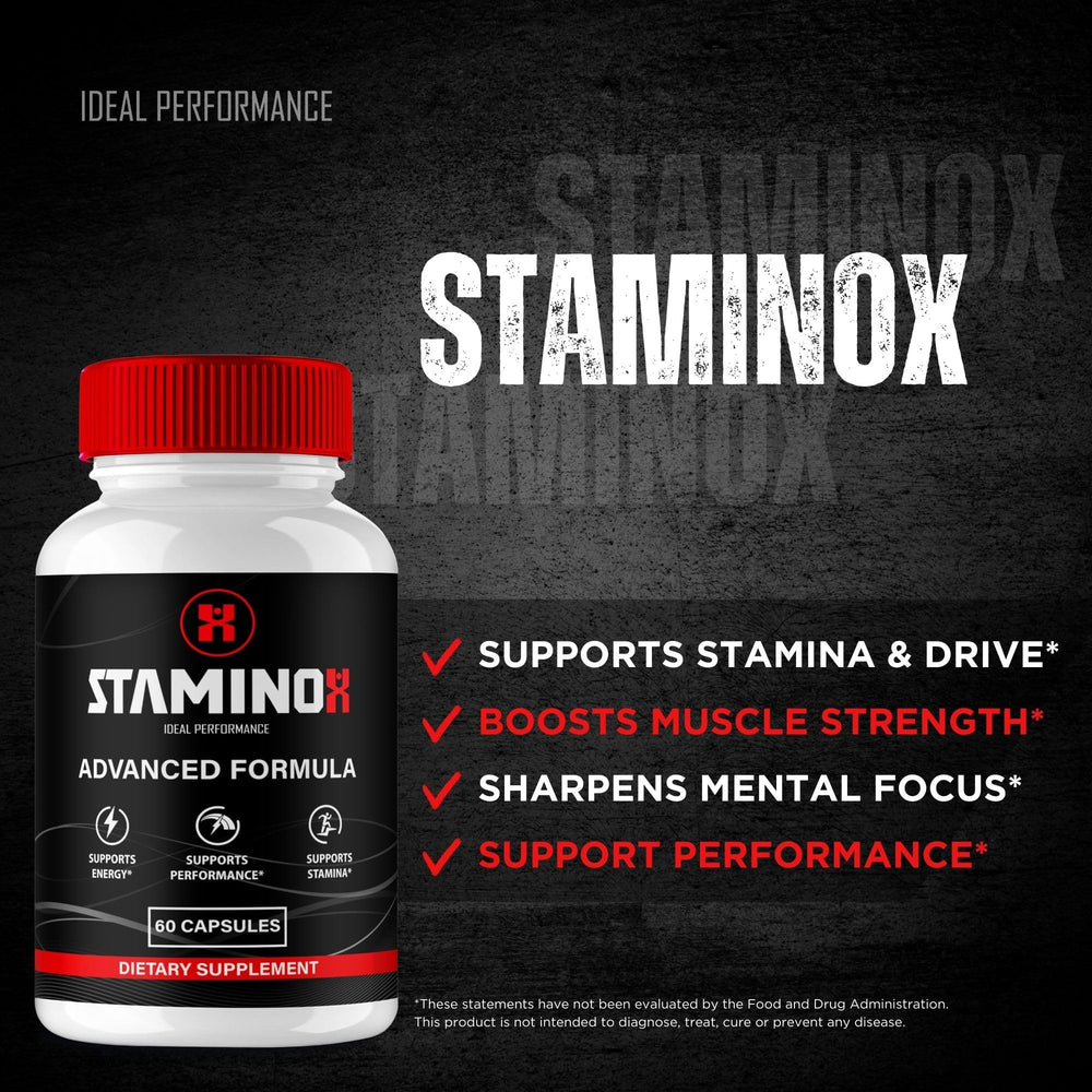 Staminox bottle on a desk emphasizes portability for busy days.