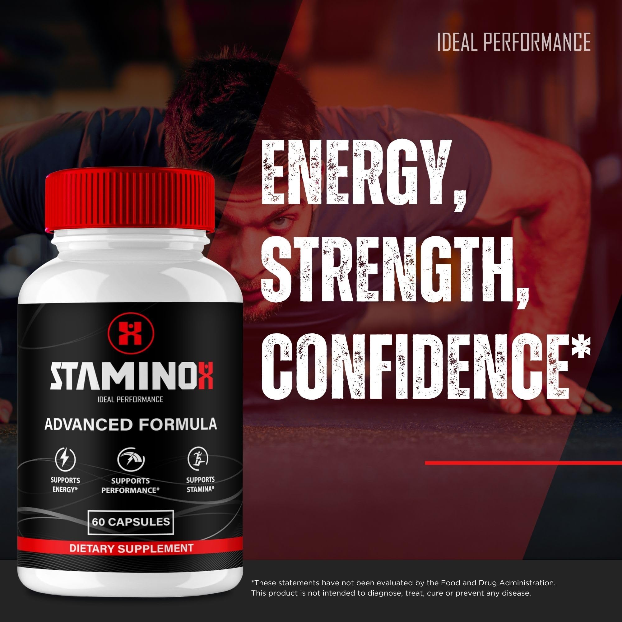Pill dispense scene with IDEAL PERFORMANCE Staminox capsules ready for daily use.