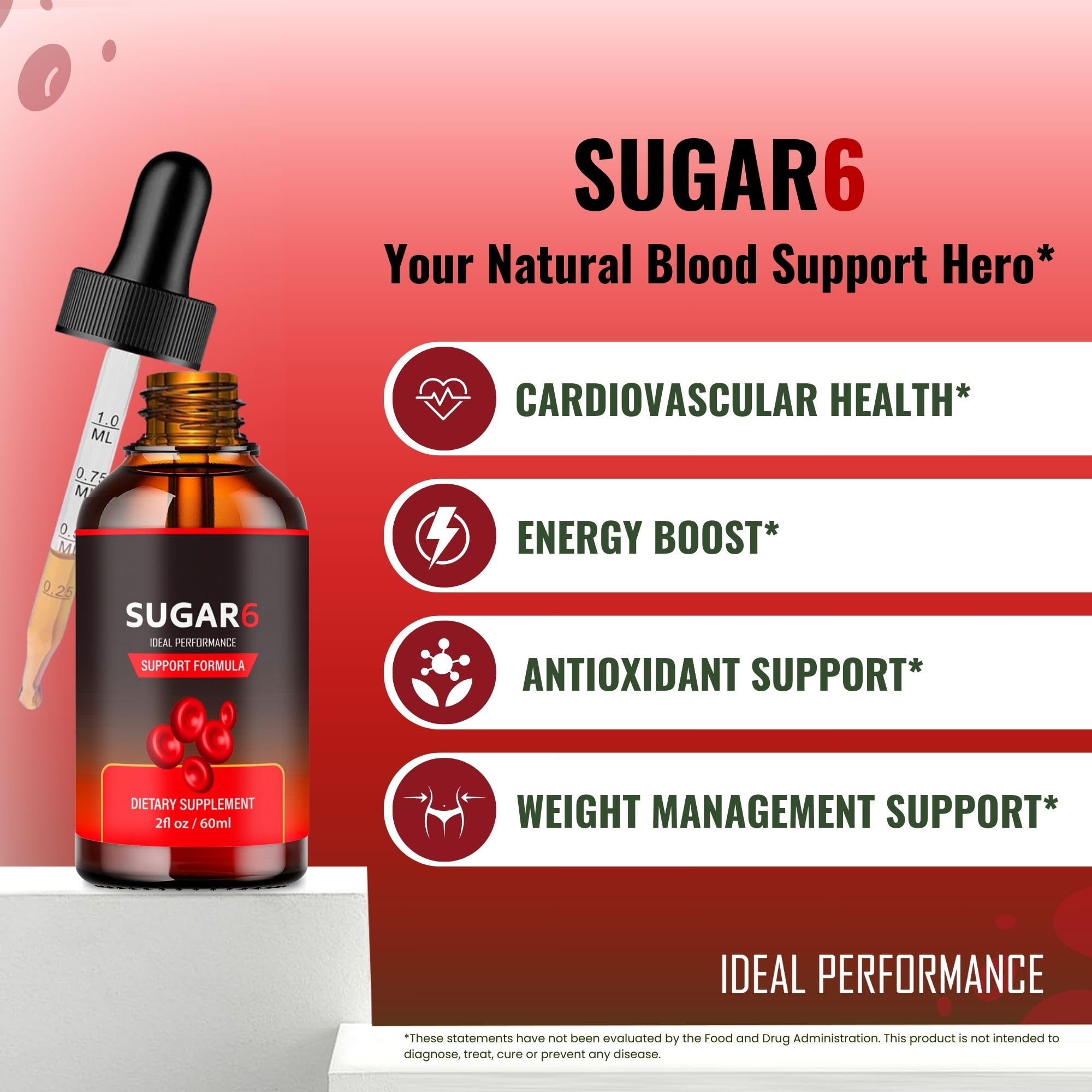 IDEAL PERFORMANCE Sugar Six Drops label emphasizes all-natural advanced formula.