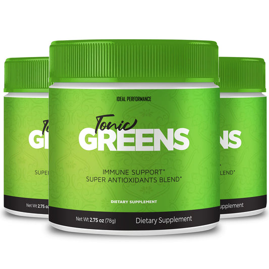 IDEAL PERFORMANCE Tonic Greens bottle label highlights natural greens for daily energy support
