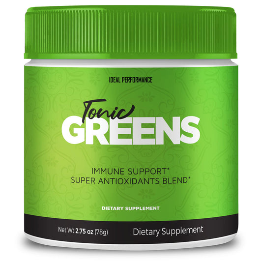 IDEAL PERFORMANCE Tonic Greens powder container supports convenient daily energy.