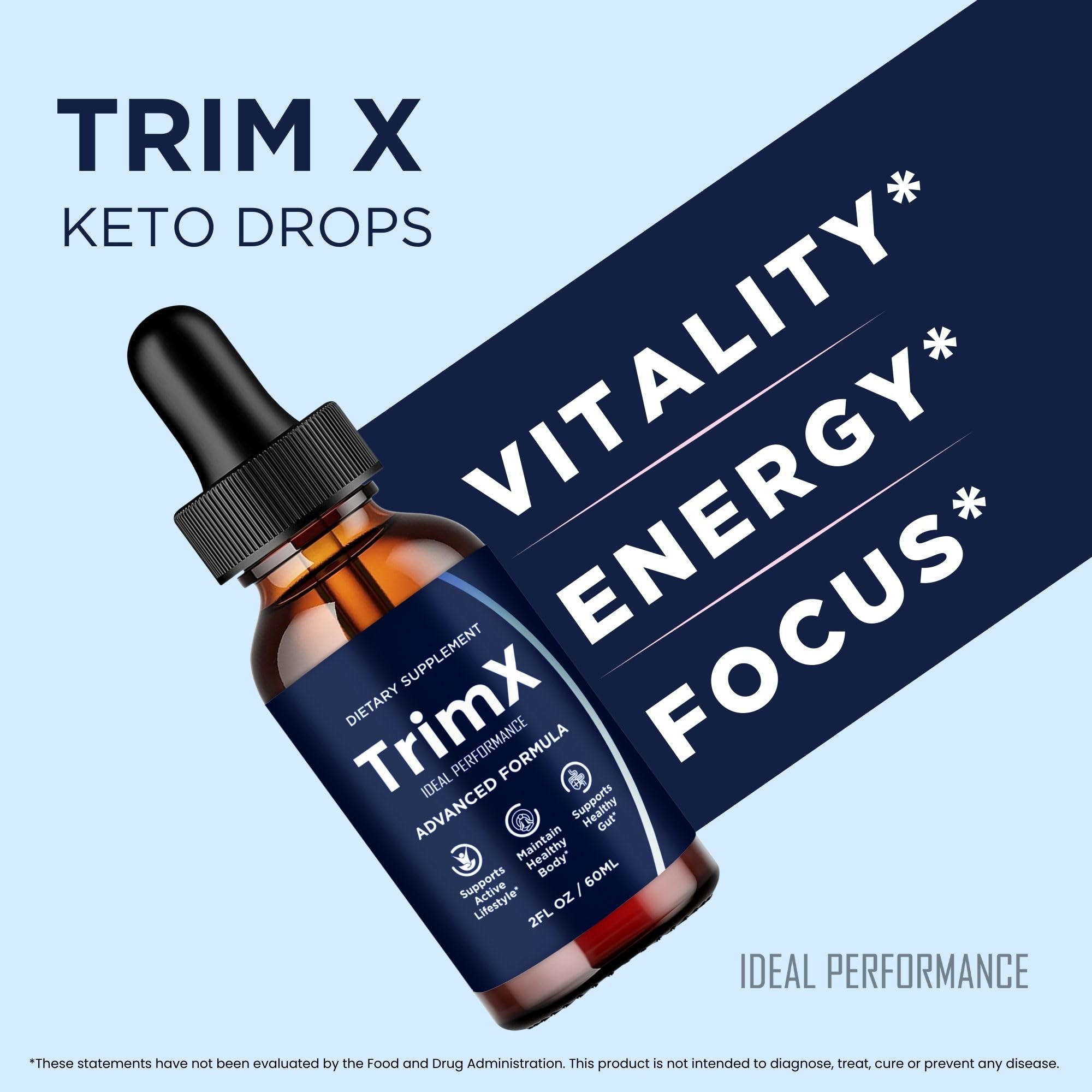 IDEAL PERFORMANCE TrimX Drops label detail highlights ingredients and keto ready formulation
