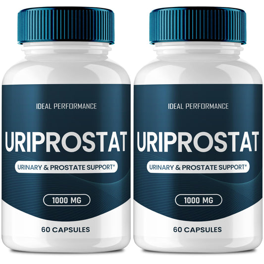 IDEAL PERFORMANCE Uriprostat bottle label highlights all-natural capsules for daily wellness.