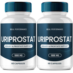 IDEAL PERFORMANCE Uriprostat bottle label highlights all-natural capsules for daily wellness.