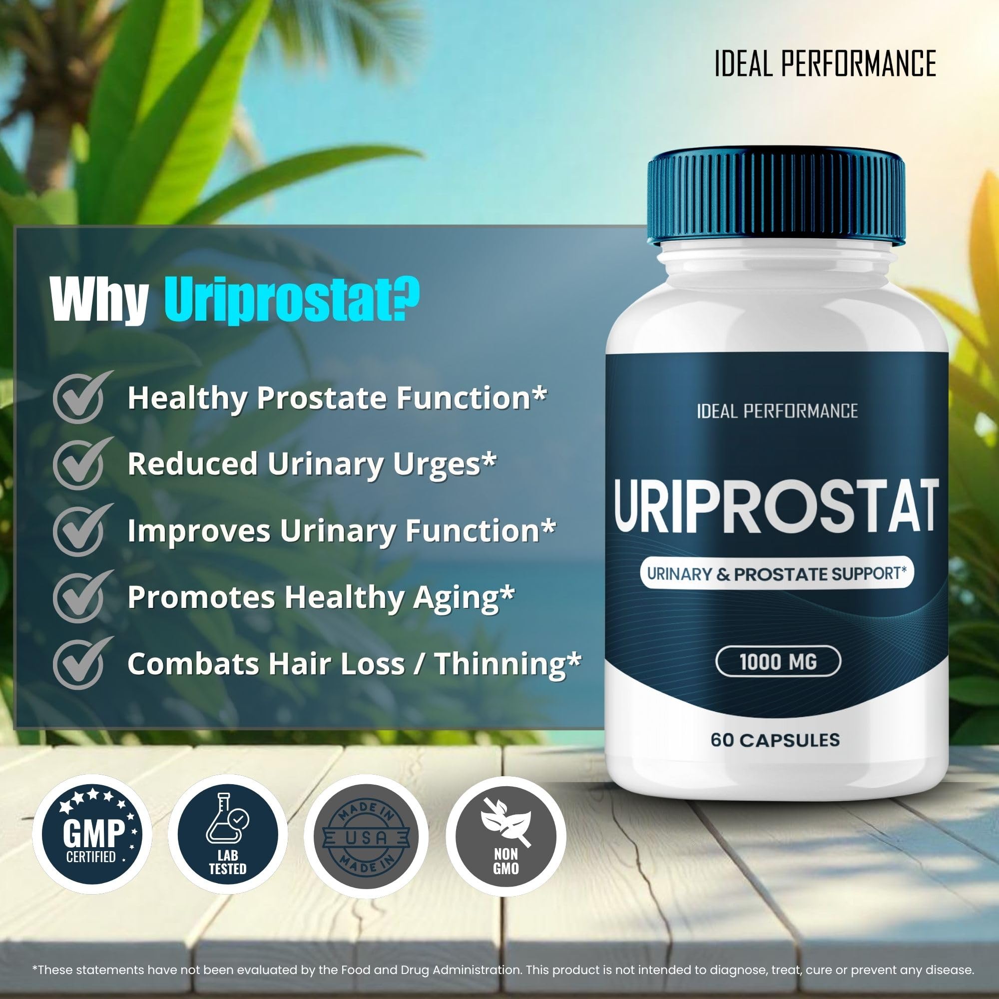 IDEAL PERFORMANCE Uriprostat label close-up emphasizes all-natural ingredients