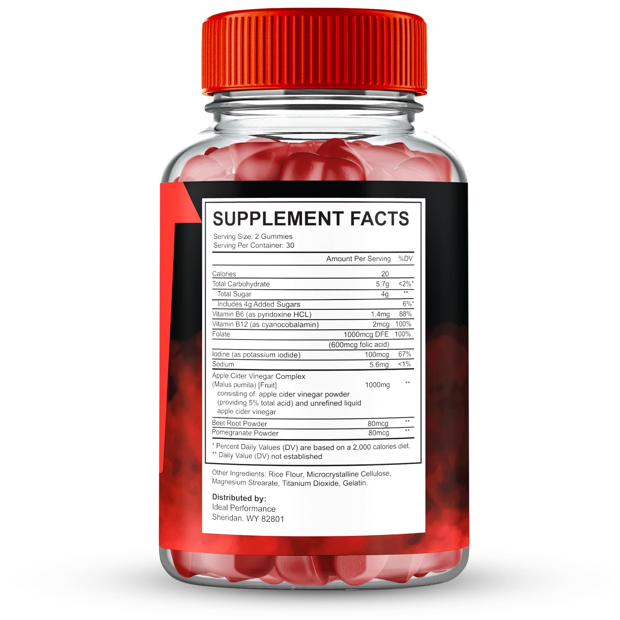 IDEAL PERFORMANCE Vigor Boost Gummies label closeup emphasizes maximum strength design for men.