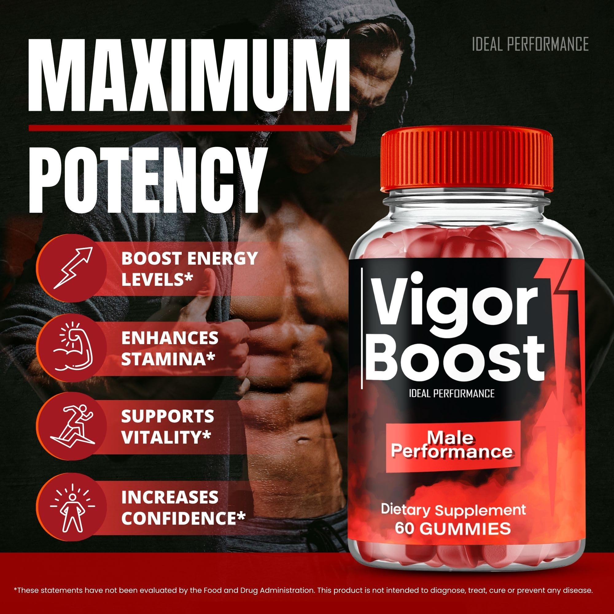 IDEAL PERFORMANCE Vigor Boost Gummies two gummies on wood, suggesting simple daily supplementation.
