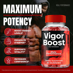 IDEAL PERFORMANCE Vigor Boost Gummies two gummies on wood, suggesting simple daily supplementation.
