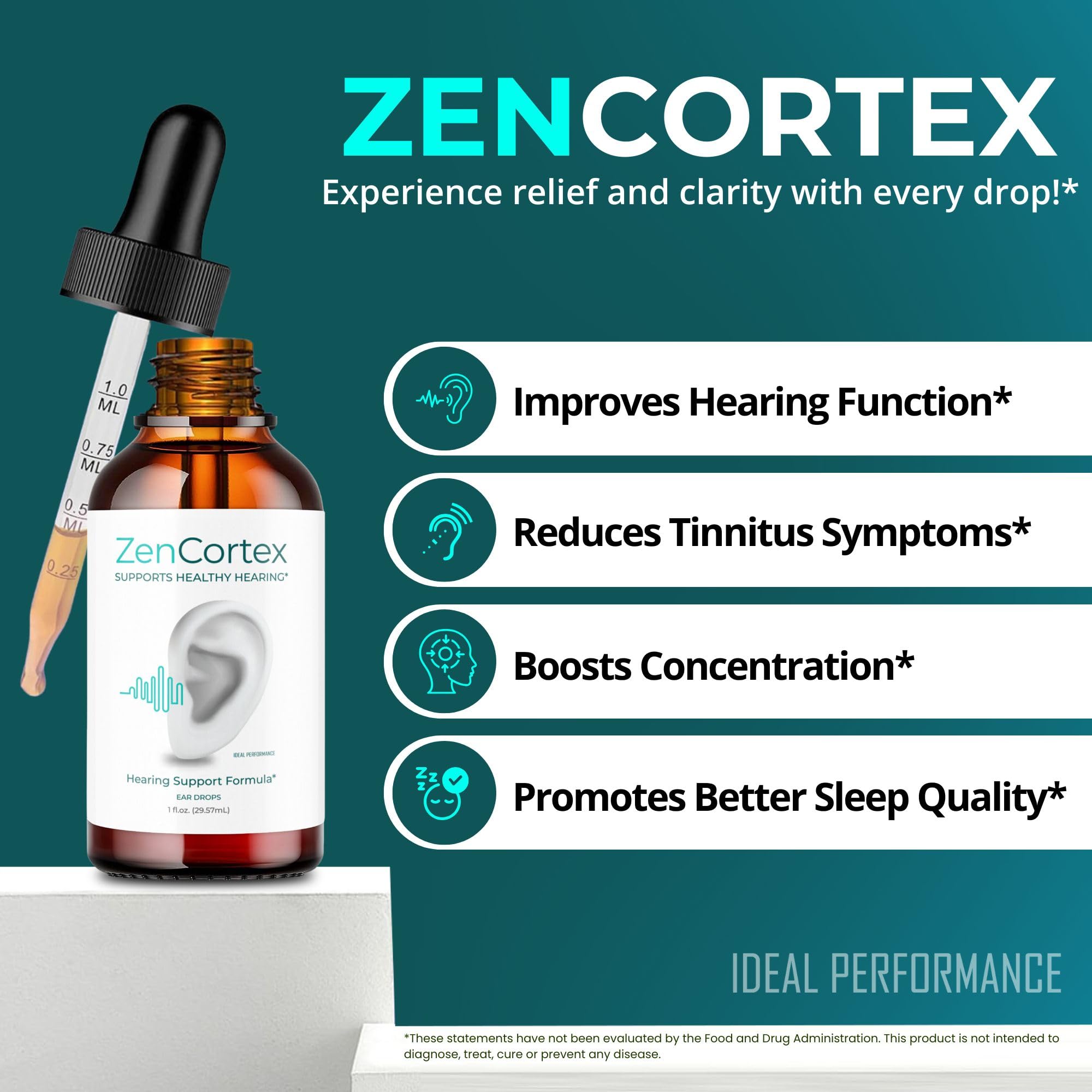 IDEAL PERFORMANCE Zencortex liquid drops label close-up with dosing info