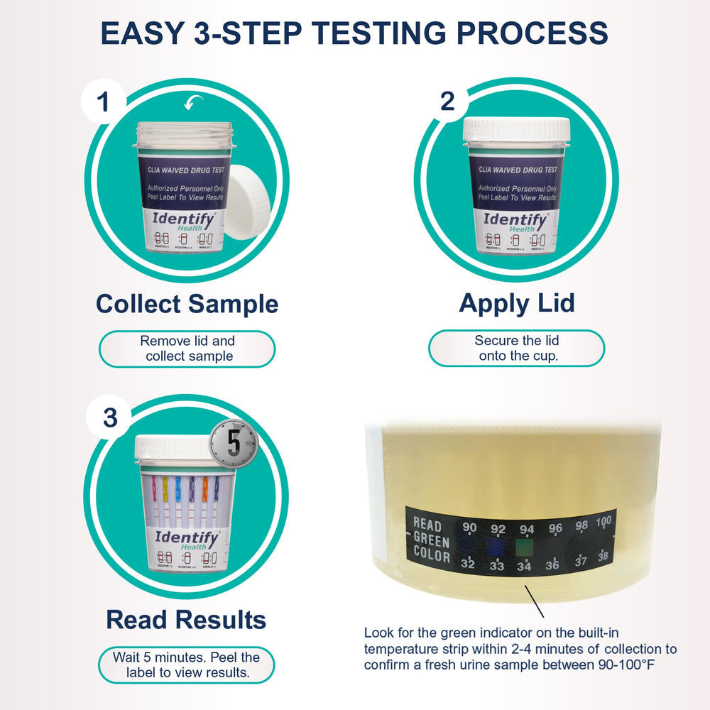 Identify Health drug test cup with tamper-evident seal protects sample integrity.