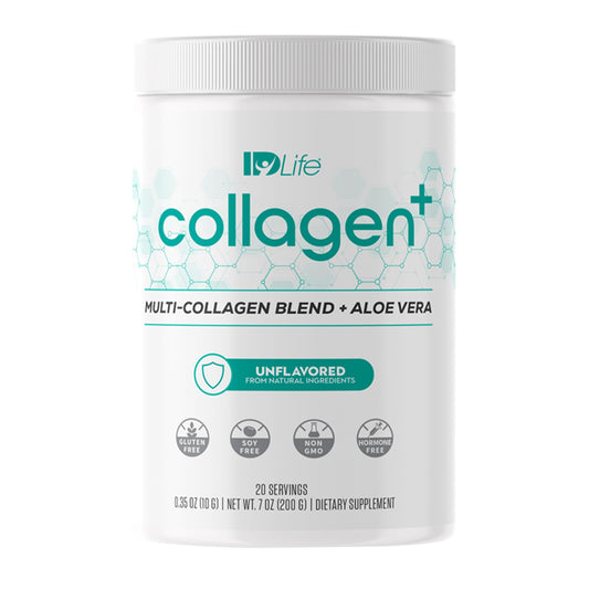 IDLife Collagen+ bottle front highlighting the multi-collagen blend for daily vitality.