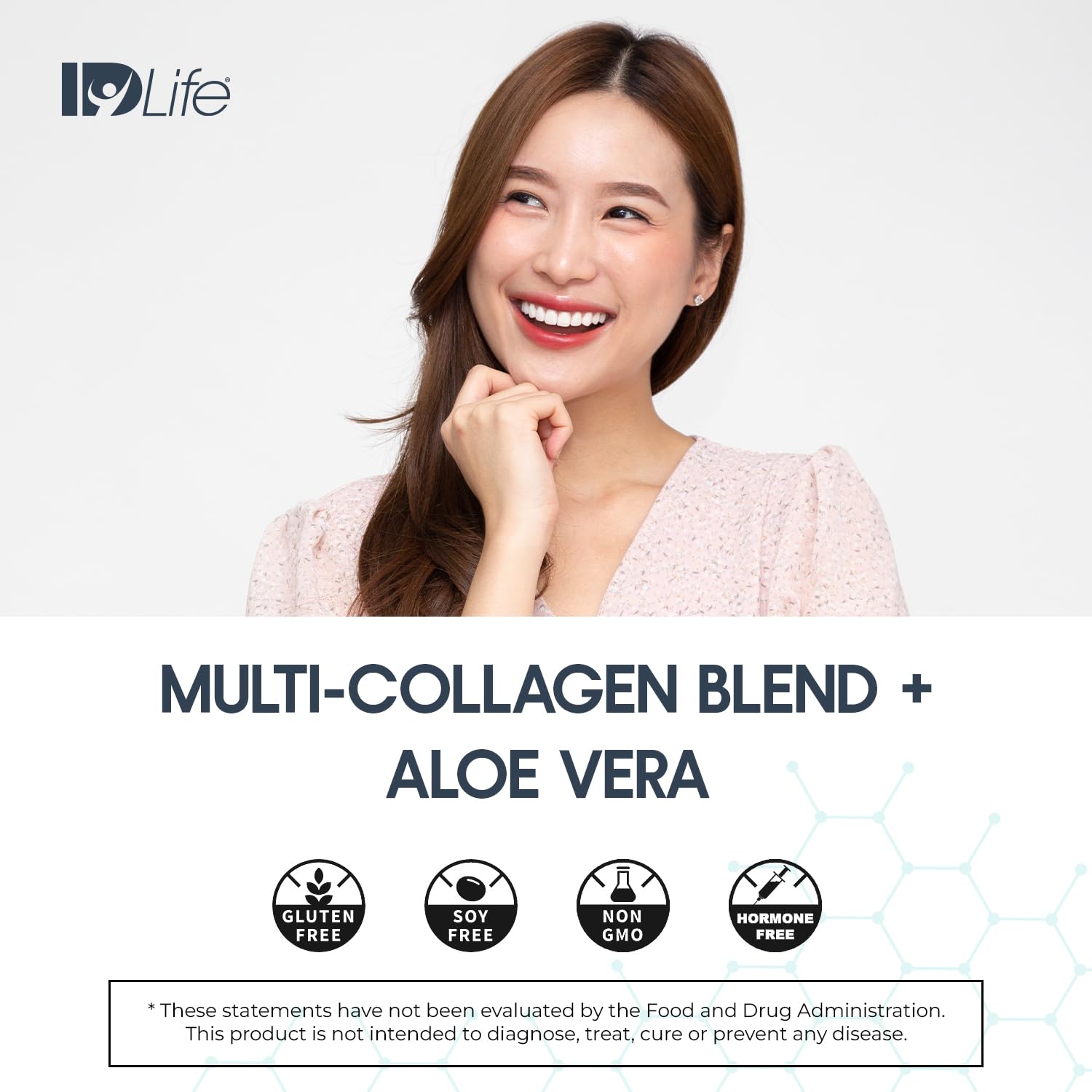 IDLife Collagen+ powder close-up emphasizes flavorless formula for versatile use.
