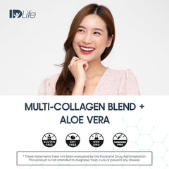 IDLife Collagen+ powder close-up emphasizes flavorless formula for versatile use.