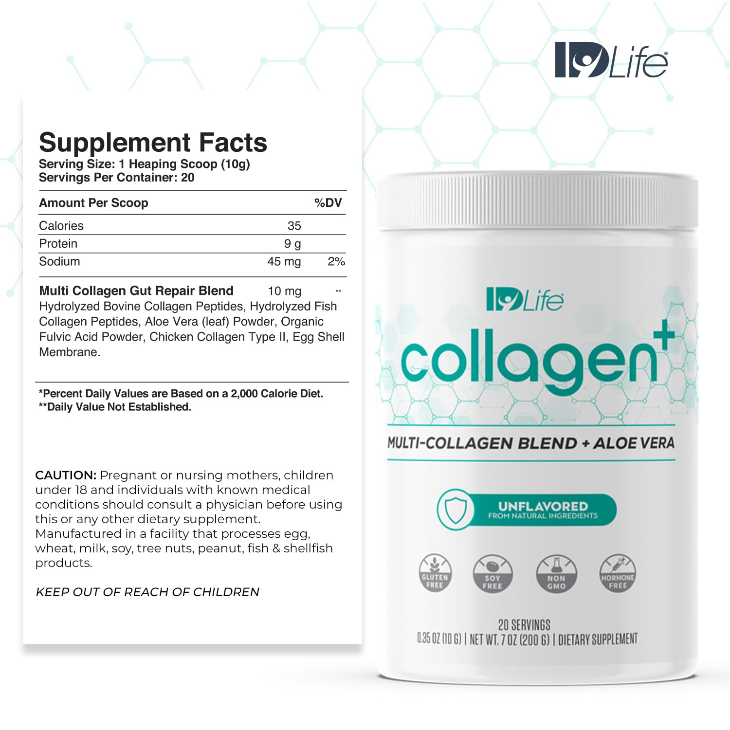 IDLife Collagen+ tub close-up shows powder texture for smooth mixing.