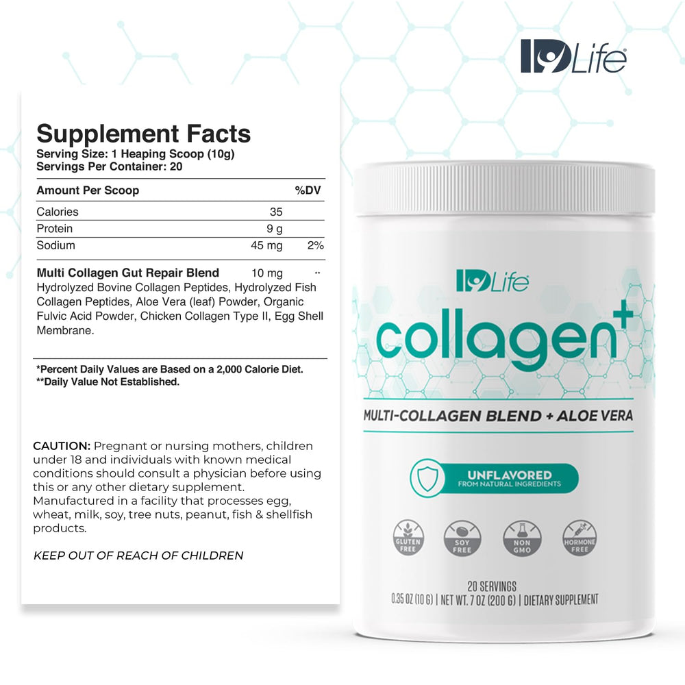 IDLife Collagen+ tub close-up shows powder texture for smooth mixing.