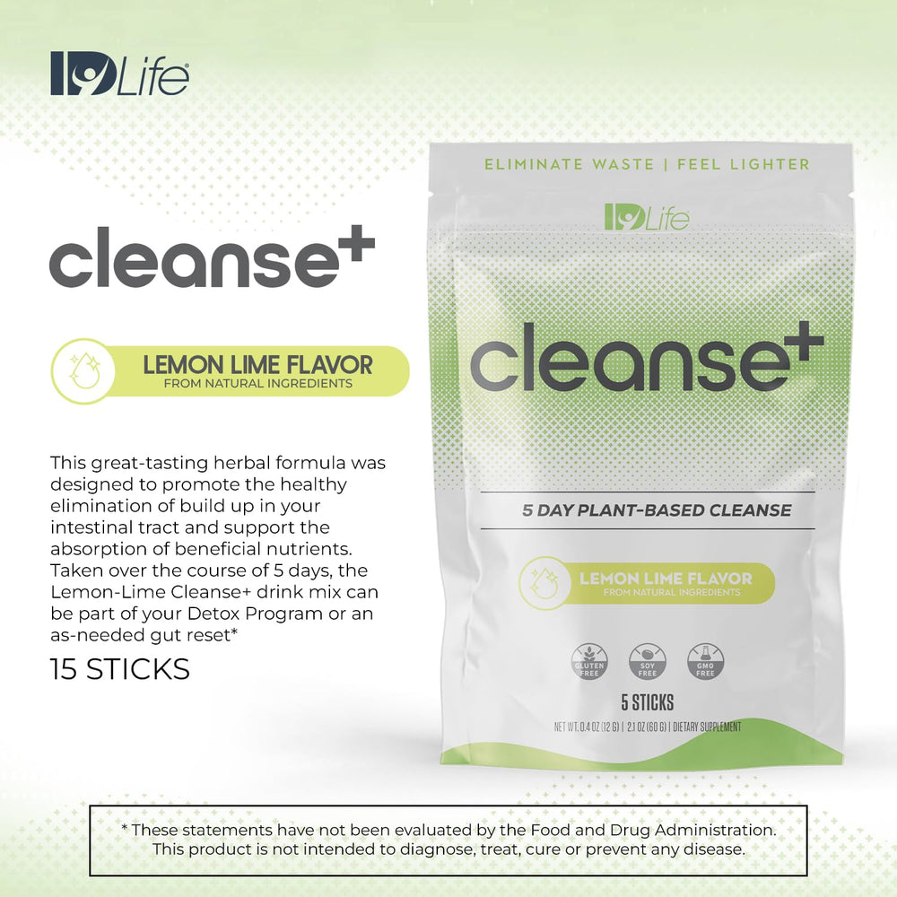 IDLife Lemon-Lime Cleanse+ powder poured into water for nutrient absorption support.