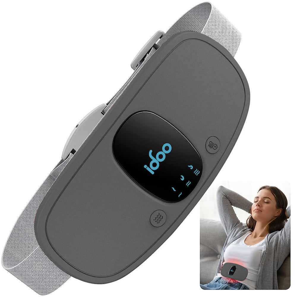 iDOO period heating pad front view shows compact cordless design for travel comfort.