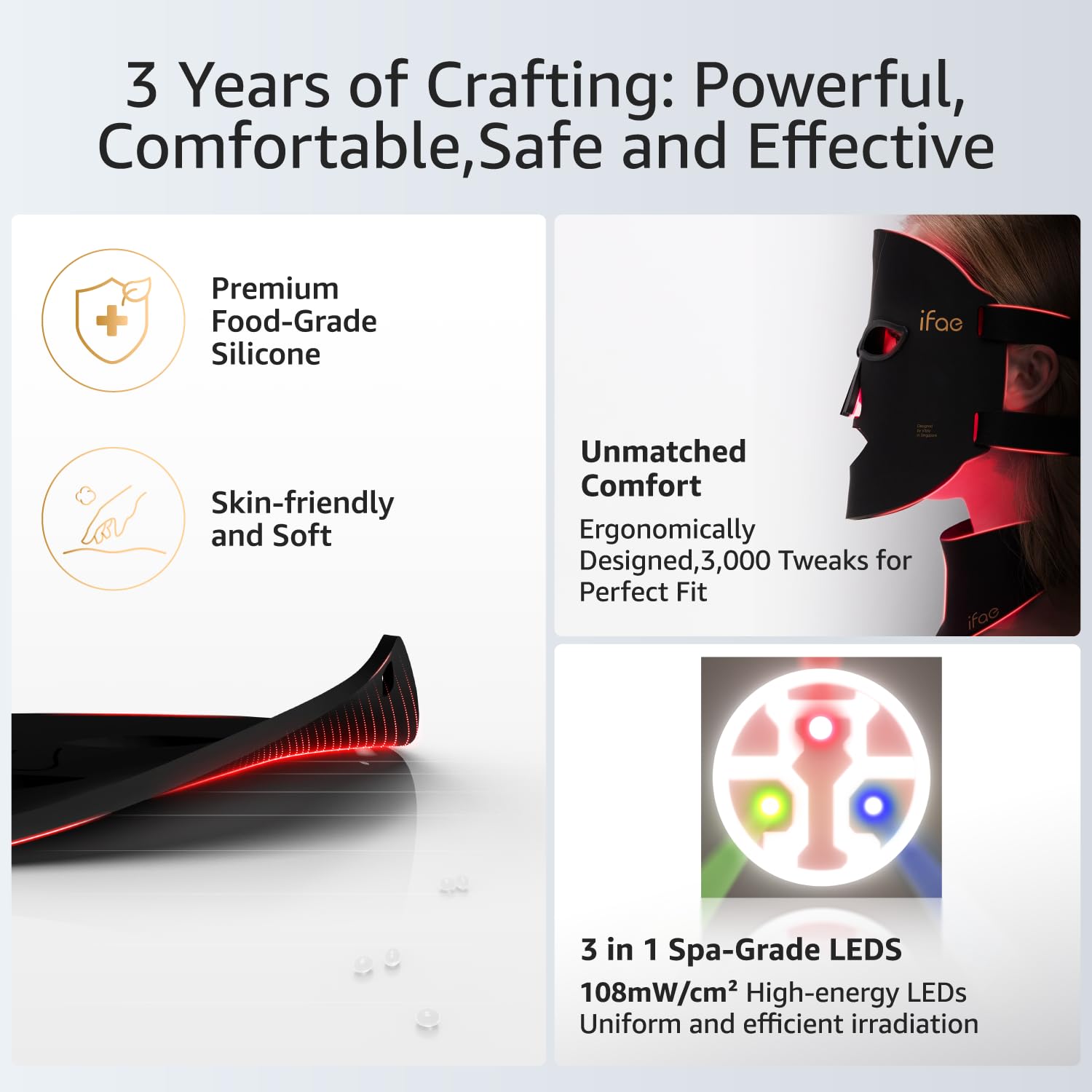 IFAE red light mask silicone fit shows flexible, comfortable wear
