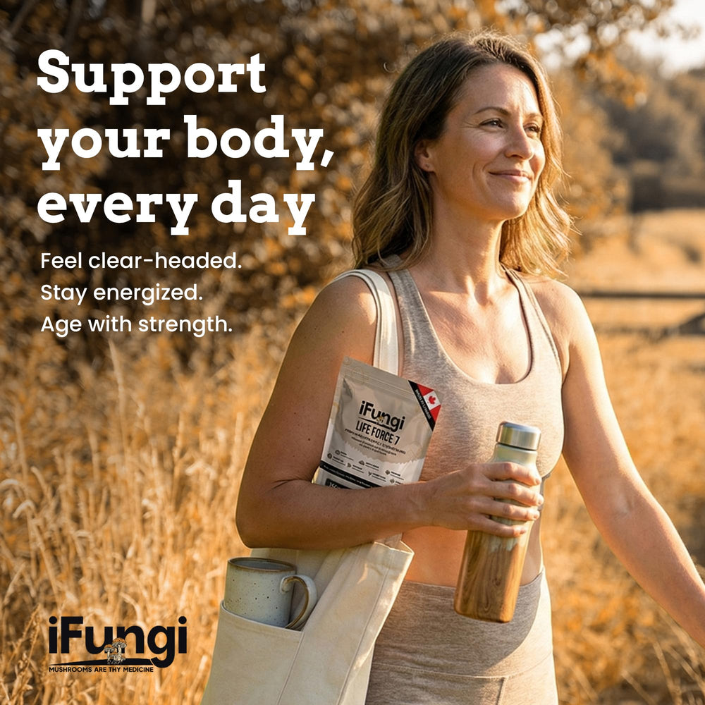 iFungi Life Force 7 pack hero image signals premium hardwood-grown quality for daily wellness