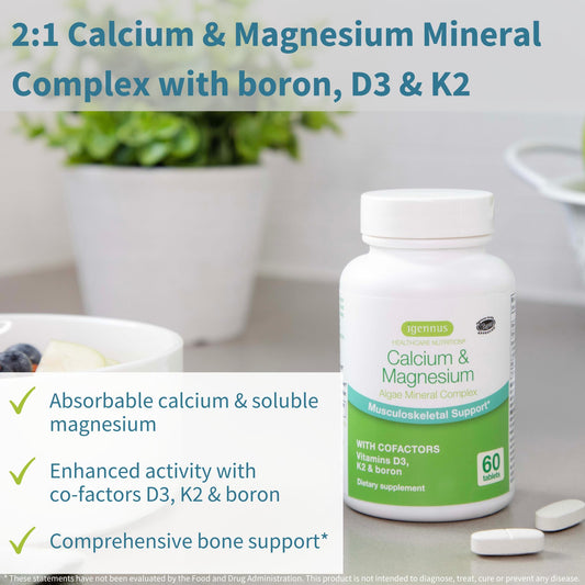 Igennus Algae Calcium & Magnesium bottle back label showing vegan, GMP info.