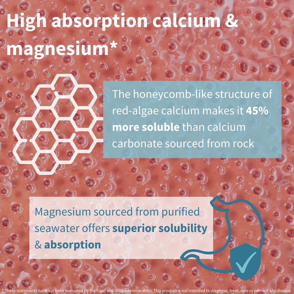 Igennus Algae Calcium & Magnesium tablets close-up for plant-based nutrients.