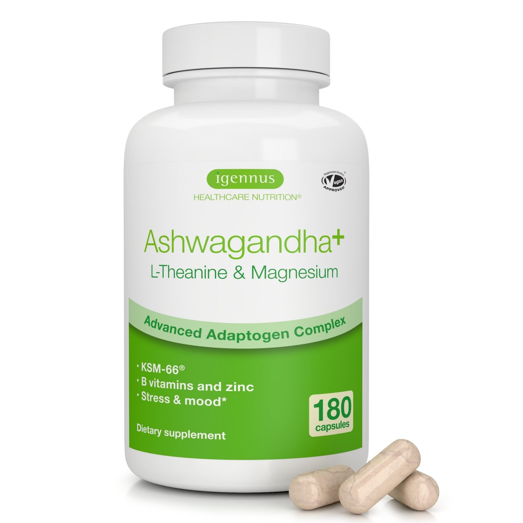 Igennus High Strength Ashwagandha KSM-66 bottle showing strength for stress support