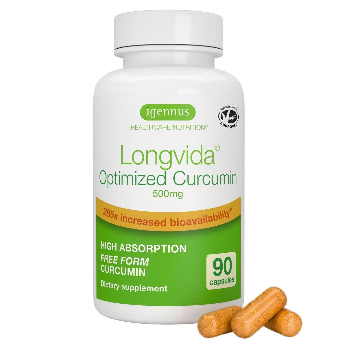 Igennus Longvida curcumin bottle on shelf; vegan formula for daily support.