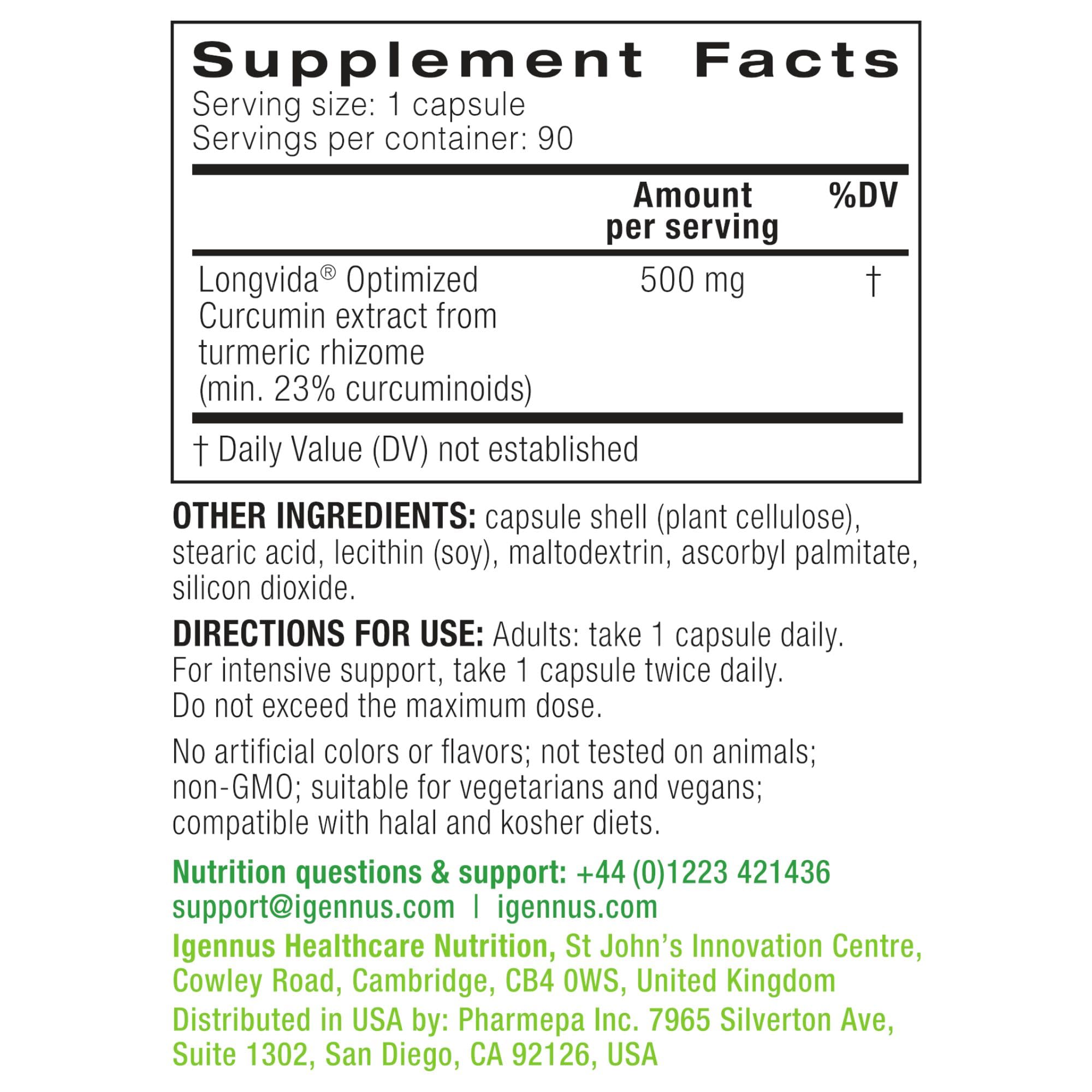 Igennus Longvida packaging with non-GMO and vegan credentials.