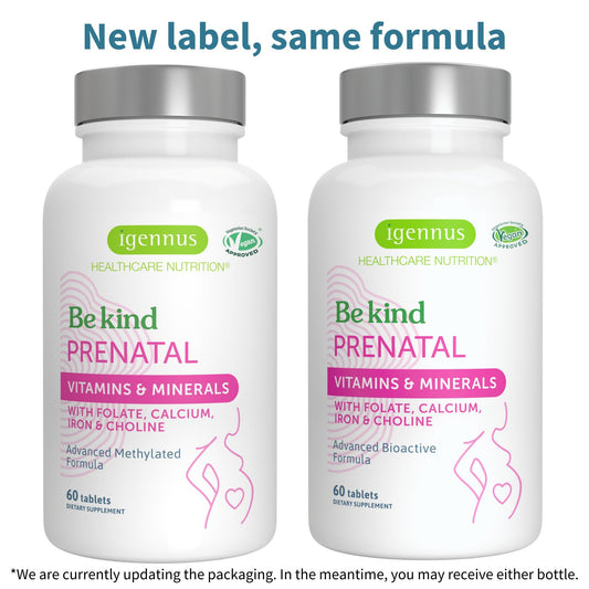 Igennus Methylated Prenatal bottle back highlights supplement facts and usage guidance.