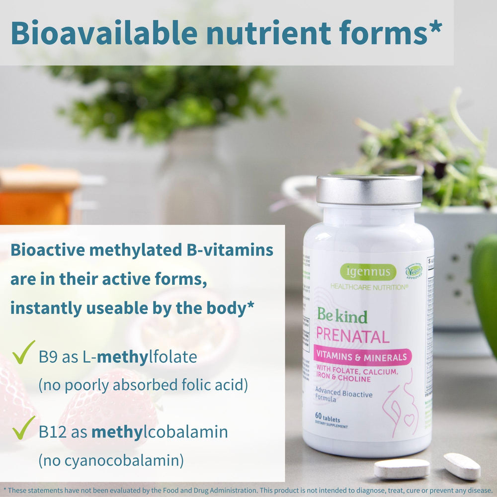 Igennus Methylated Prenatal vitamins pouring demonstrates daily intake scene.