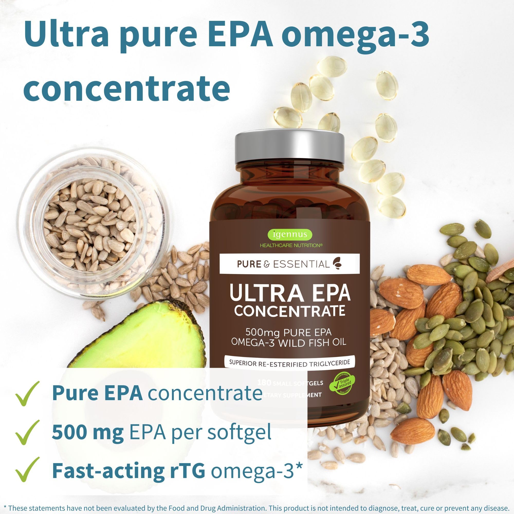 Igennus Ultra Pure Omega-3 bottle pour illustrating easy daily dosing.