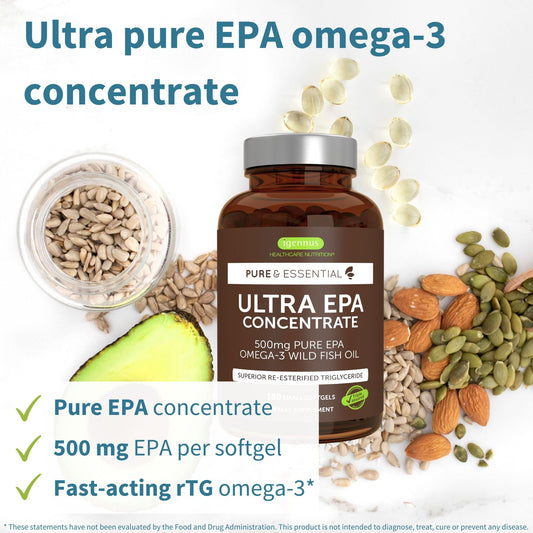Igennus Ultra Pure Omega-3 bottle pour illustrating easy daily dosing.