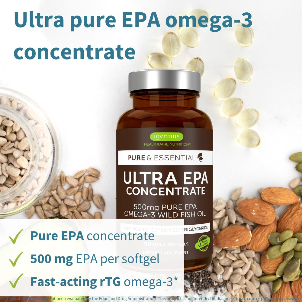 Igennus Ultra Pure Omega-3 EPA 500mg label close-up highlights EPA concentration for daily wellness.