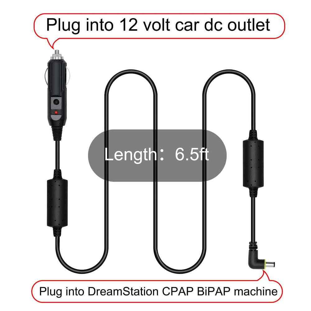 iGuerburn DreamStation DC cord compatible with 12V systems and includes a protective fuse.