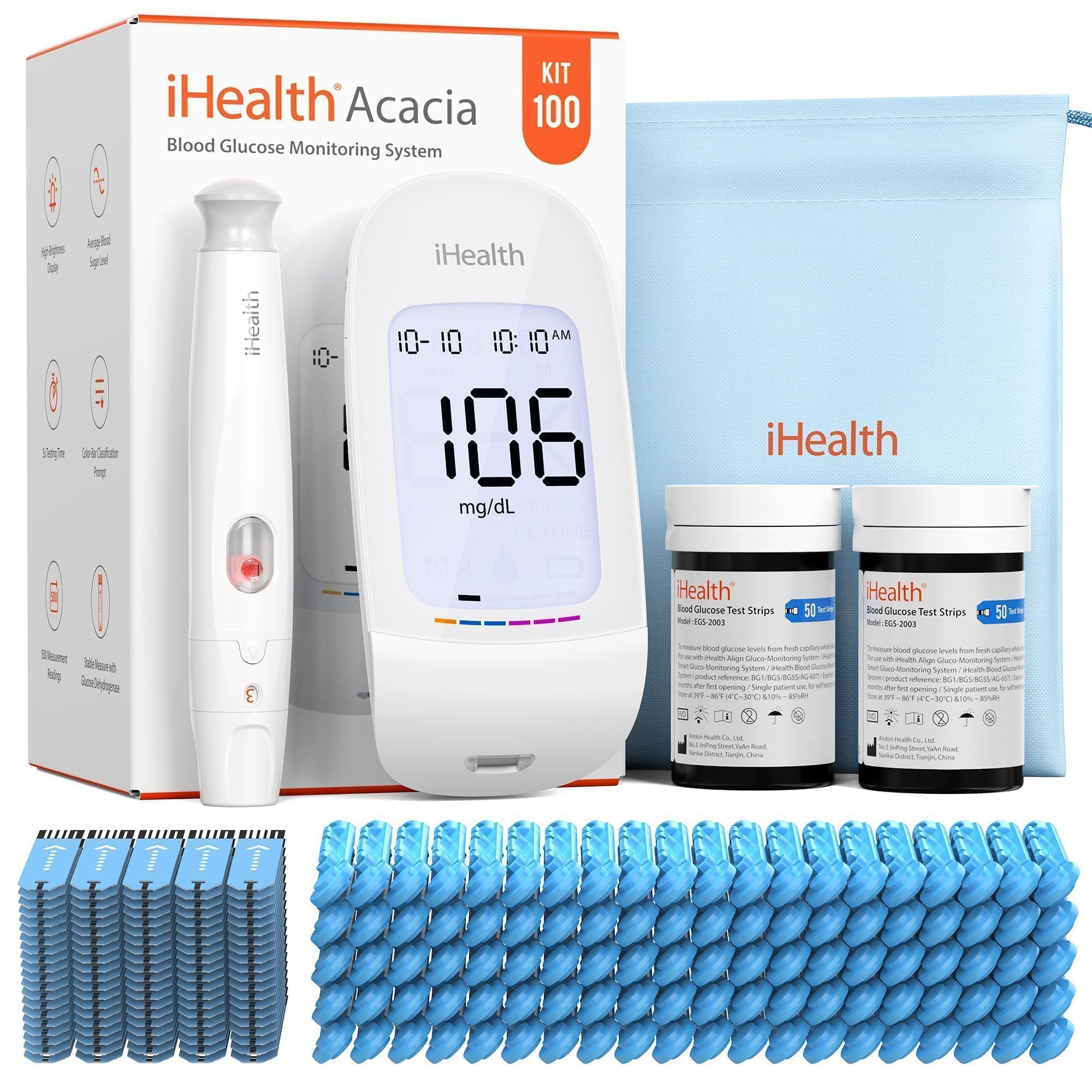 iHealth Acacia blood glucose monitor with clear display for quick at-home testing.