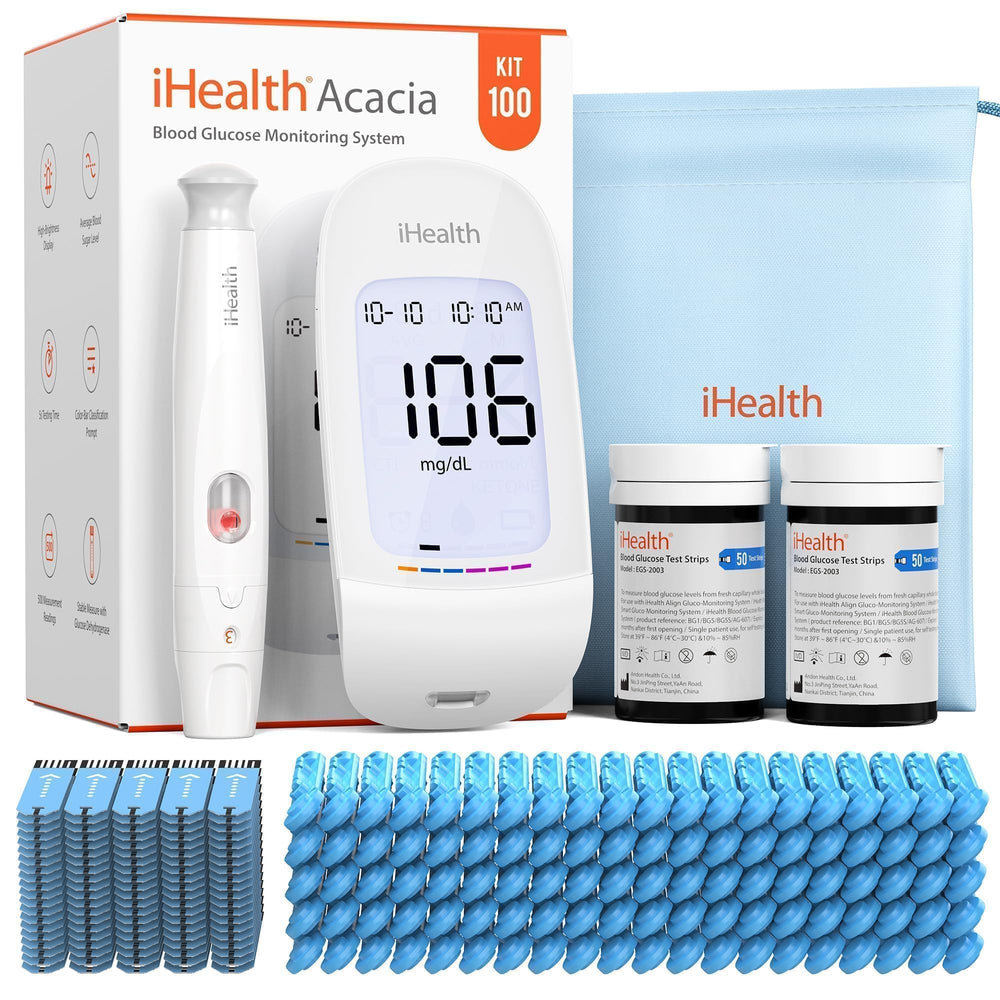 iHealth Acacia blood glucose monitor with clear display for quick at-home testing.