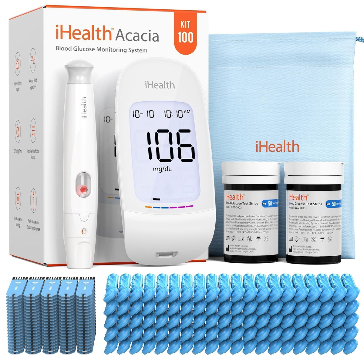 iHealth Acacia blood glucose monitor with clear display for quick at-home testing.