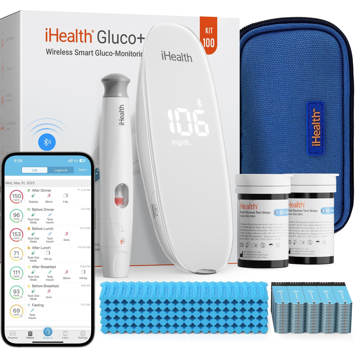 iHealth Gluco+ monitor front view with clear display for home glucose tracking