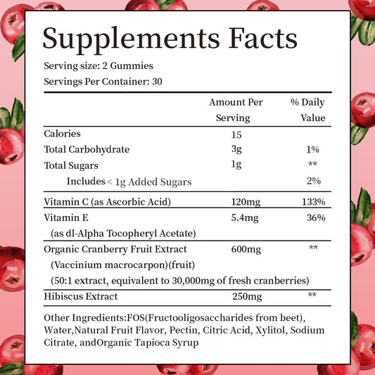IIEltruiom Cranberry Gummies closeup texture on soft chews with hibiscus for refreshing flavor and daily support