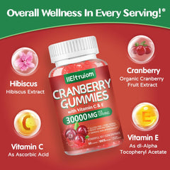 IIEltruiom Cranberry Gummies hibiscus graphic on label highlighting gluten-free and non-GMO status