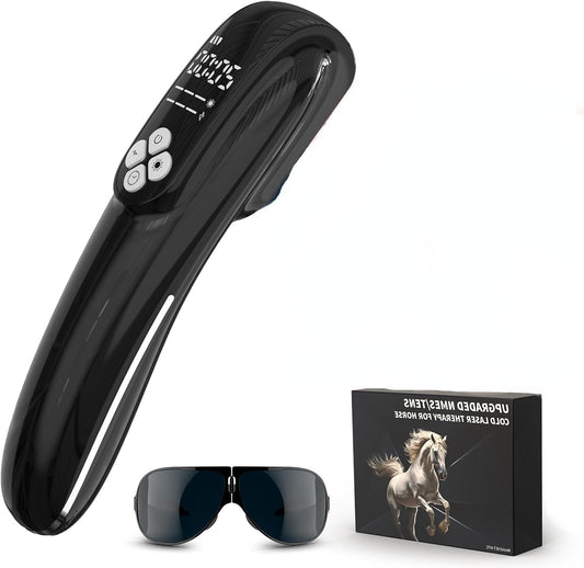 iKeener cold-laser therapy device on horse front view for post-ride comfort