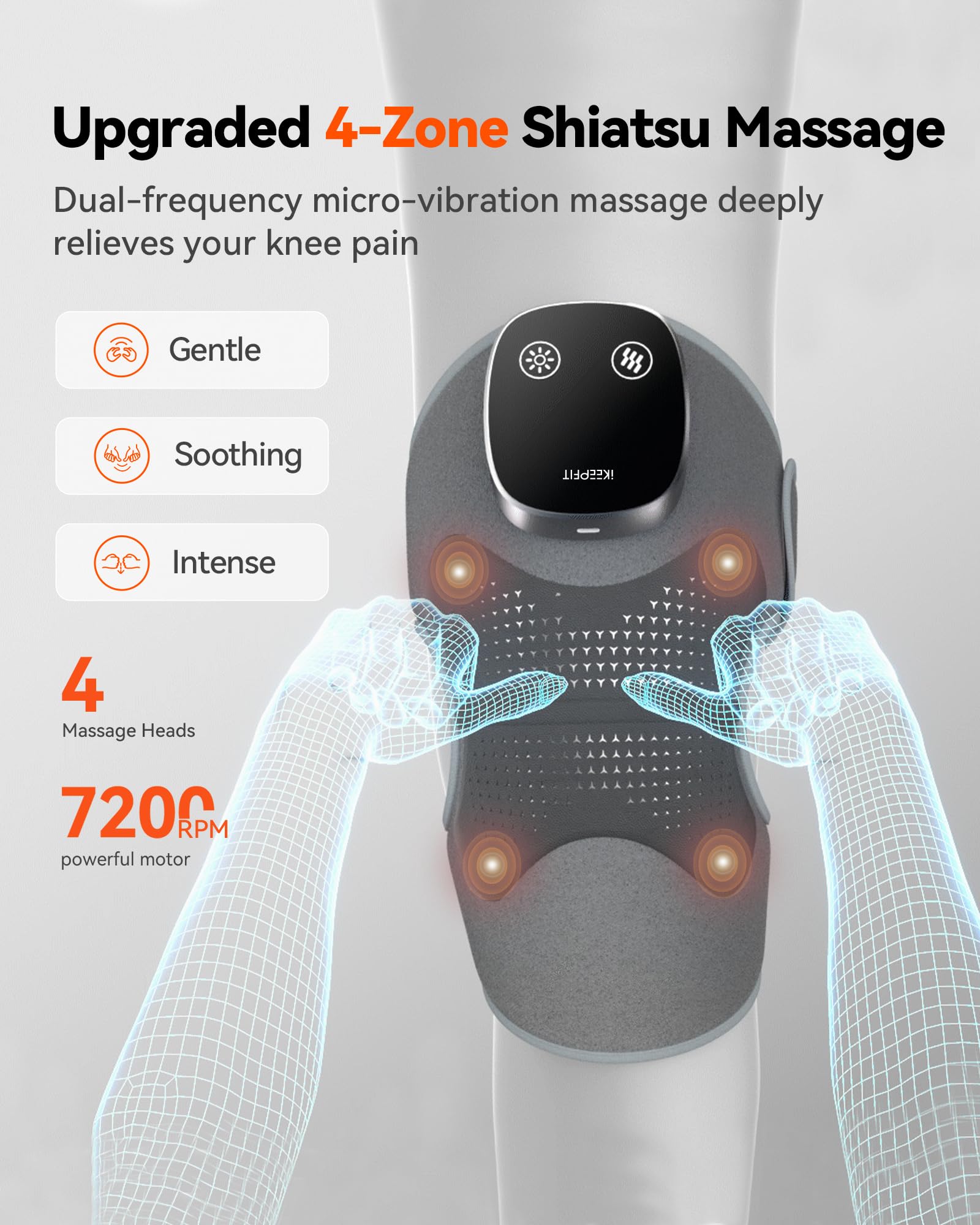 IKEEPFIT massager with four heads demonstrating targeted vibration zones for knee use.