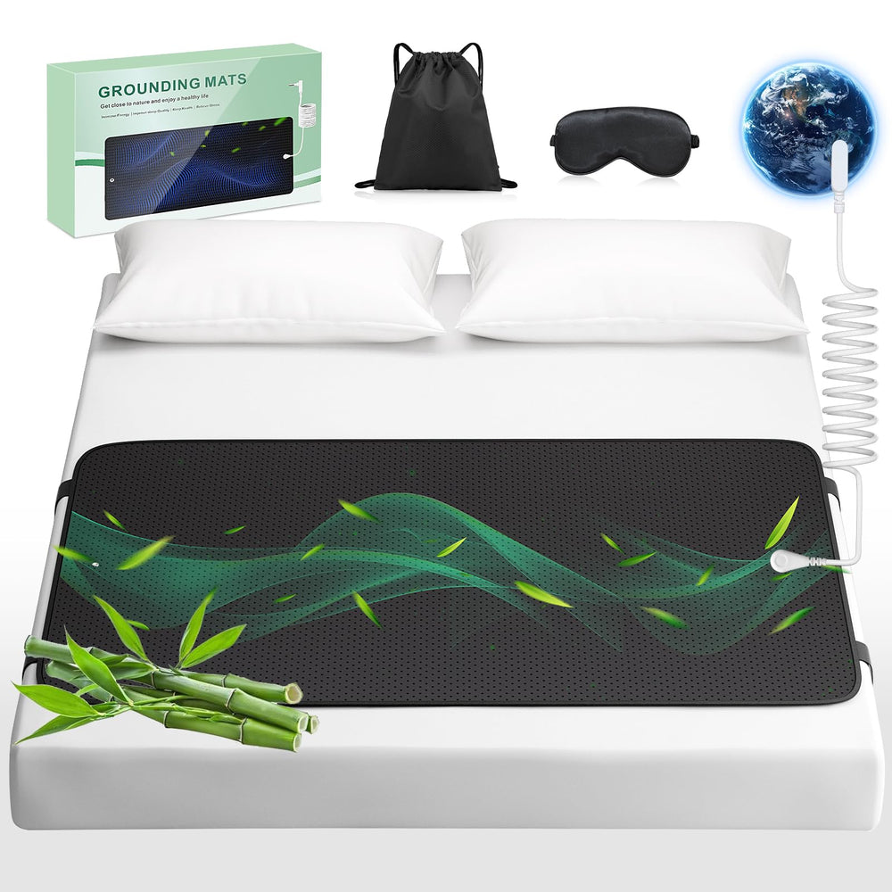 IKNUH grounding mat on bed with leather surface supports restful nights