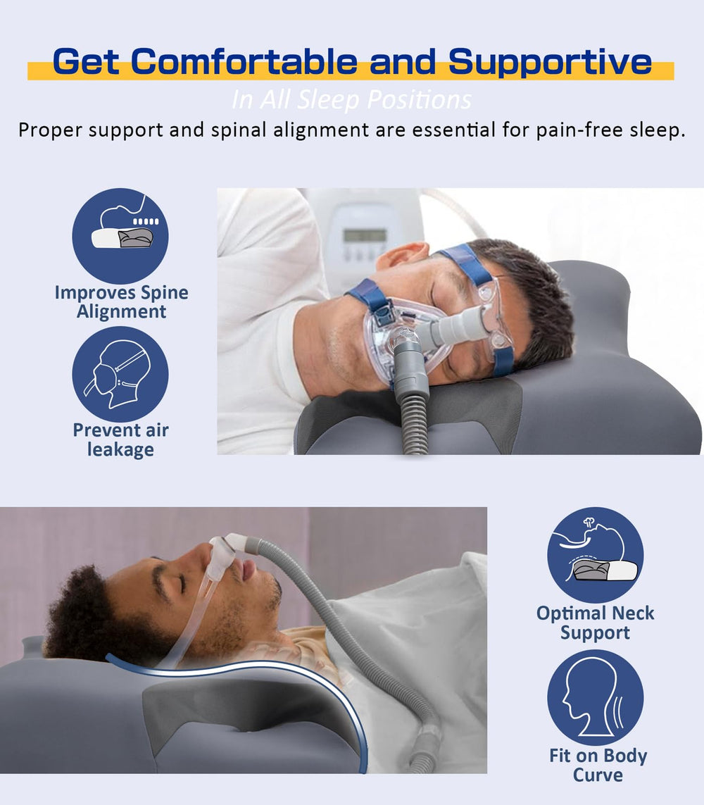 IKSTAR CPAP pillow showing nasal mask compatibility for side or back sleeping.