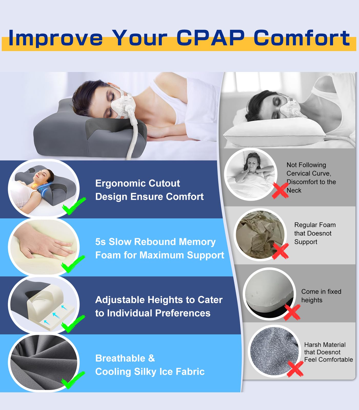 IKSTAR CPAP pillow featuring removable 2 cm insert for customizable height.